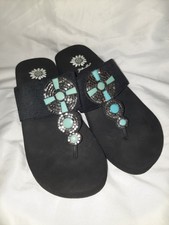 Yellow Box Black W/ Turquoise Silver Beaded Flip Flop Wedge Thong Sandals 8