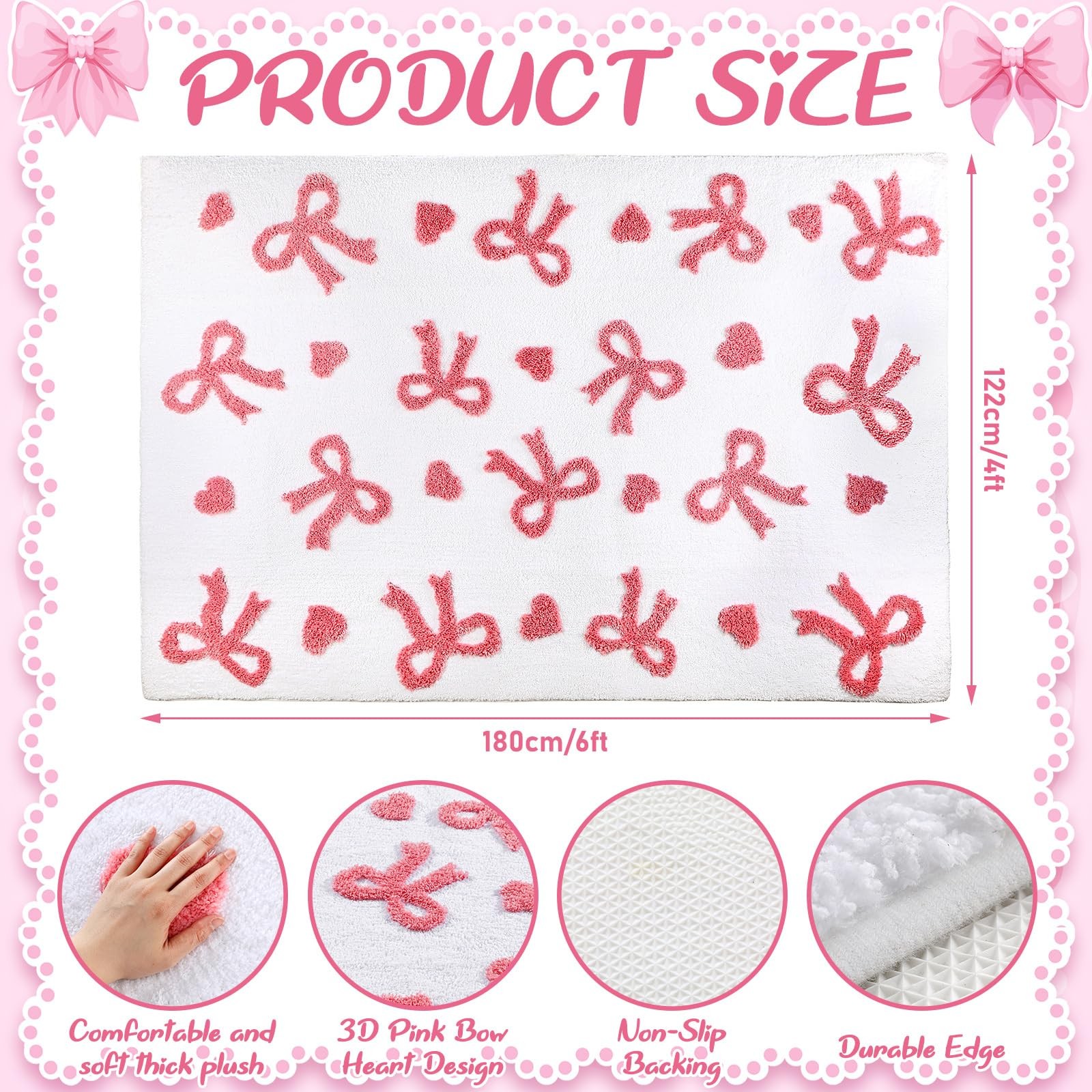 3D Large Bow Area Rug 4 x 6 ft Pink Heart Bedroom Rug Non-Slip Coquette Carpe...