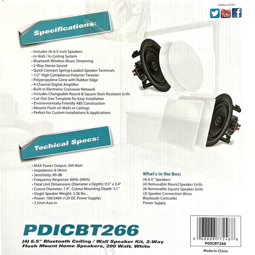 4 Speakers 6.5" Bluetooth Ceiling / Wall Speaker Kit, Flush Mount 2-Way OPEN BOX - Picture 4 of 5