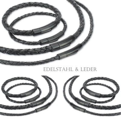 Lederkette/Armband geflochten 3,4,5,6mm Edelstahl-Verschluß SCHWARZ 18-70cm - Bild 1 von 4