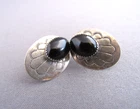 VINTAGE OLD PAWN STERLING PRESSED CONCHO OVAL CABOCHON ONYX PIERCED EARRINGS