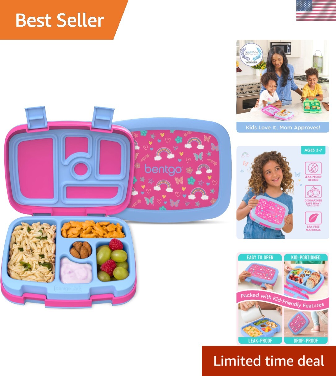 Leak-Proof 5-Compartment Bento Lunch Box for Kids - Ideal Portions