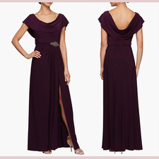 NWD 199 Alex Evenings 16 Cowl Neck Beaded Waist Gown Eggplant Purple J718