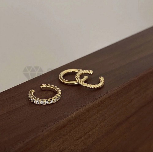 Ear Cuff 3pcs Set Sterling Silver Round CZ Gold Plated Cartilage Helix Clip On - Picture 6 of 8