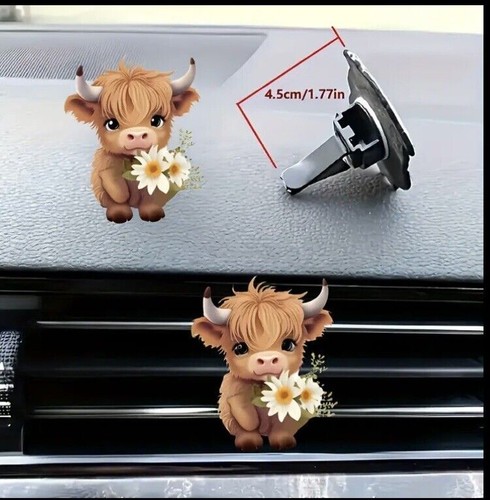 2Pcs Highland Cow Car Air Freshener - Cute Acrylic Vent Clip with Floral Design - Picture 4 of 6