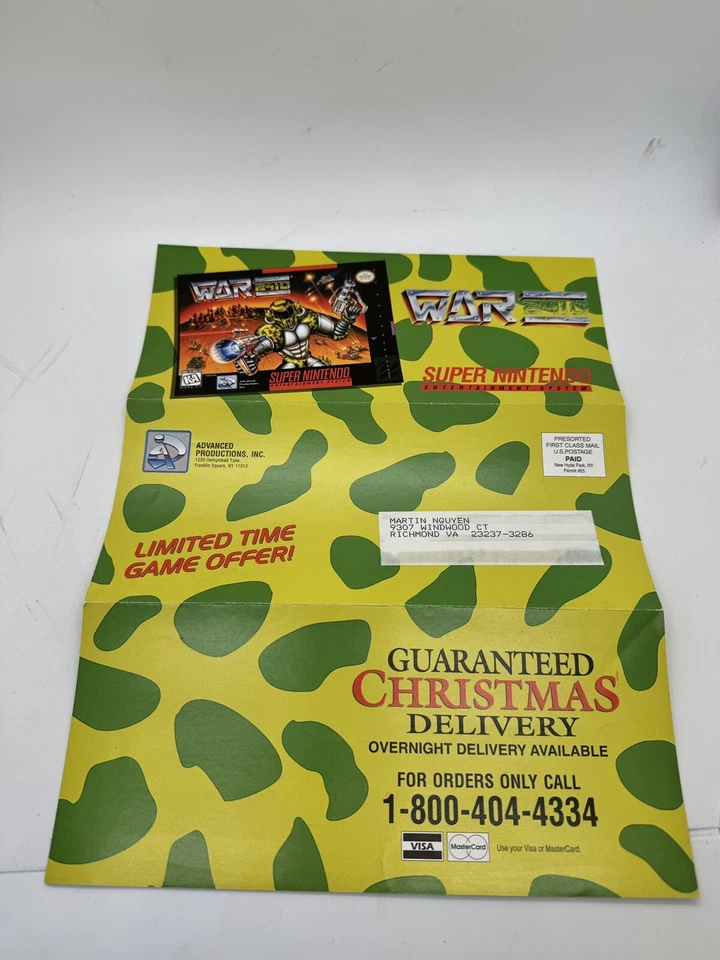 War 2410 Mailer Promo Ad Advanced Productions Super Nintendo SNES Folleto ¡Raro! Foto 2 de 2