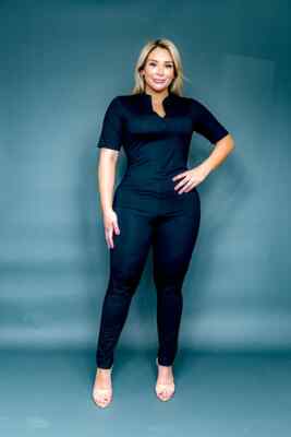 Womens Plus Size Black Catsuit Jumpsuit 1X Short Sleeve Stretch