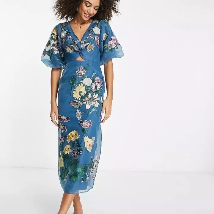 ASOS EDITION US 8 Floral Organza Puff Sleeve Embroidered Midi Dress NWT  $260 | eBay