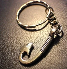 Fishhook fish Hook fishing Keychain key chain Antique Silver Tone