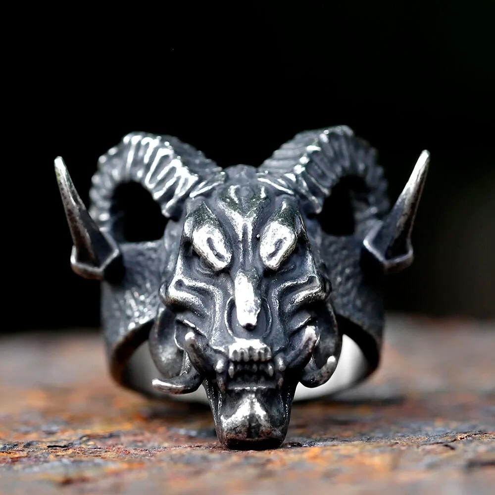 Vintage Stainless Steel Gothic Devil Demon Skull Ring for