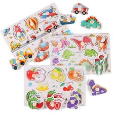 Wooden Peg Puzzles for Toddlers Set of 3 Traffic Dinosaur Fruit Learning Toy