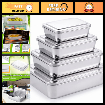 4 Sets Stainless Steel Baking Pans with Lids - 17/13/11/9 Inch Cookware Set