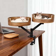 Double Cat Desk Bed with 2 Mats, 360  Rotation, Walnut Finish