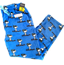 Peanuts SNOOPY ON SKIS SKIING Blue PLUSH FLEECE LOUNGE SLEEP PANTS Men  s M or XL