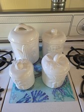 Vintage Over and Back White Ceramic Canister Set- Embossed Veggies