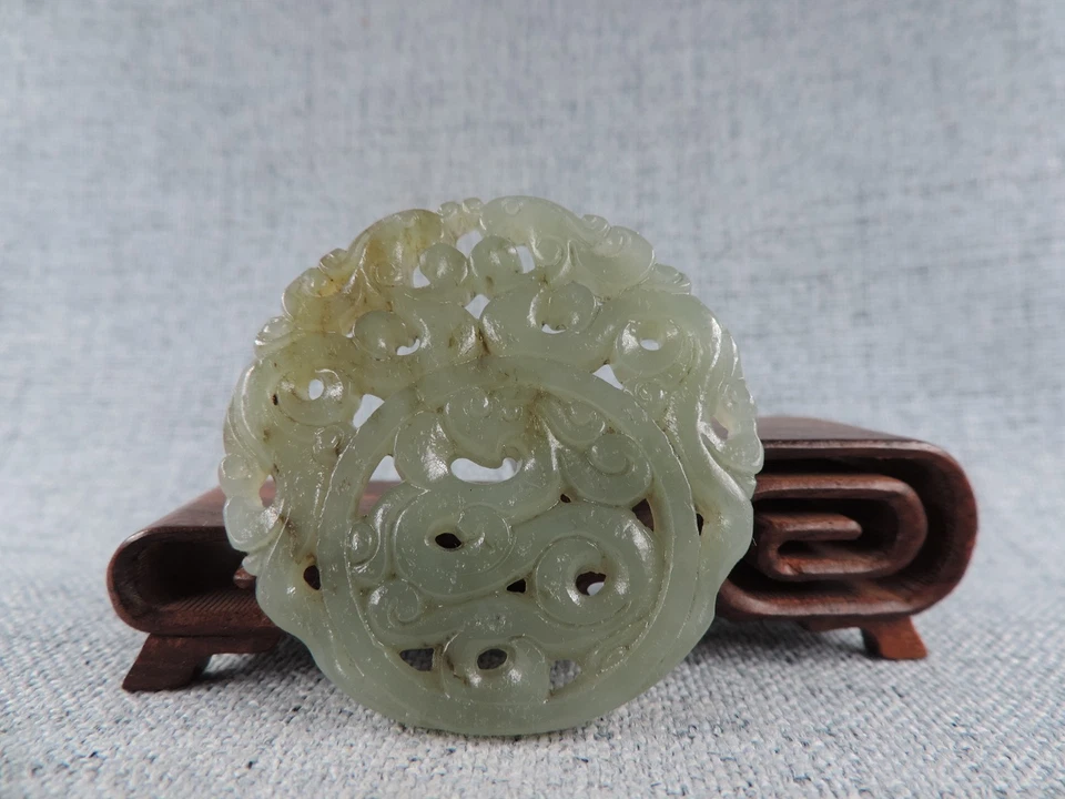 Exquisito Antiguo Jade Hetiano Naturaleza China Tallado a Mano Patrón de la Suerte Peadant Foto 3 de 4