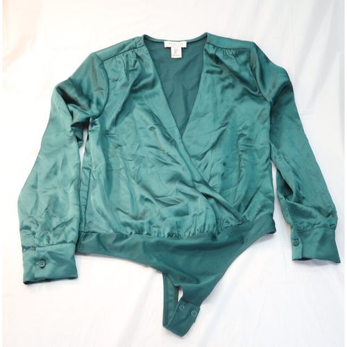 Rachel Zoe Size Small Satin Green Blouse Sexy Button Front Long Sleeve Bodysuit