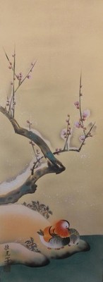 Hanging scroll by Masamitsu Nagawa, Plum ni Oshidori, silk book, rare, tea