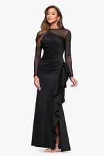 Xscape Ruffle Gown 16 Black Illusion Mesh Long Sleeve Ruched NWT $259