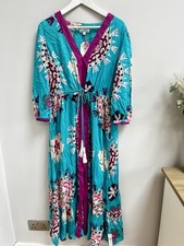 Vibrant Monsoon Bonita Size L 16 18 Blue Print Kaftan Tassels Maxi Dress