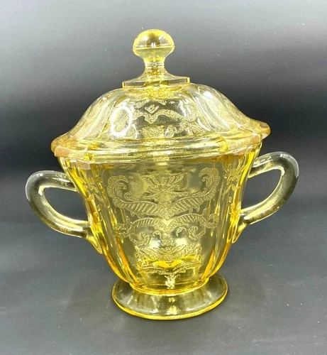 Yellow Depression Glass Lidded Sugar Bowl With Handles