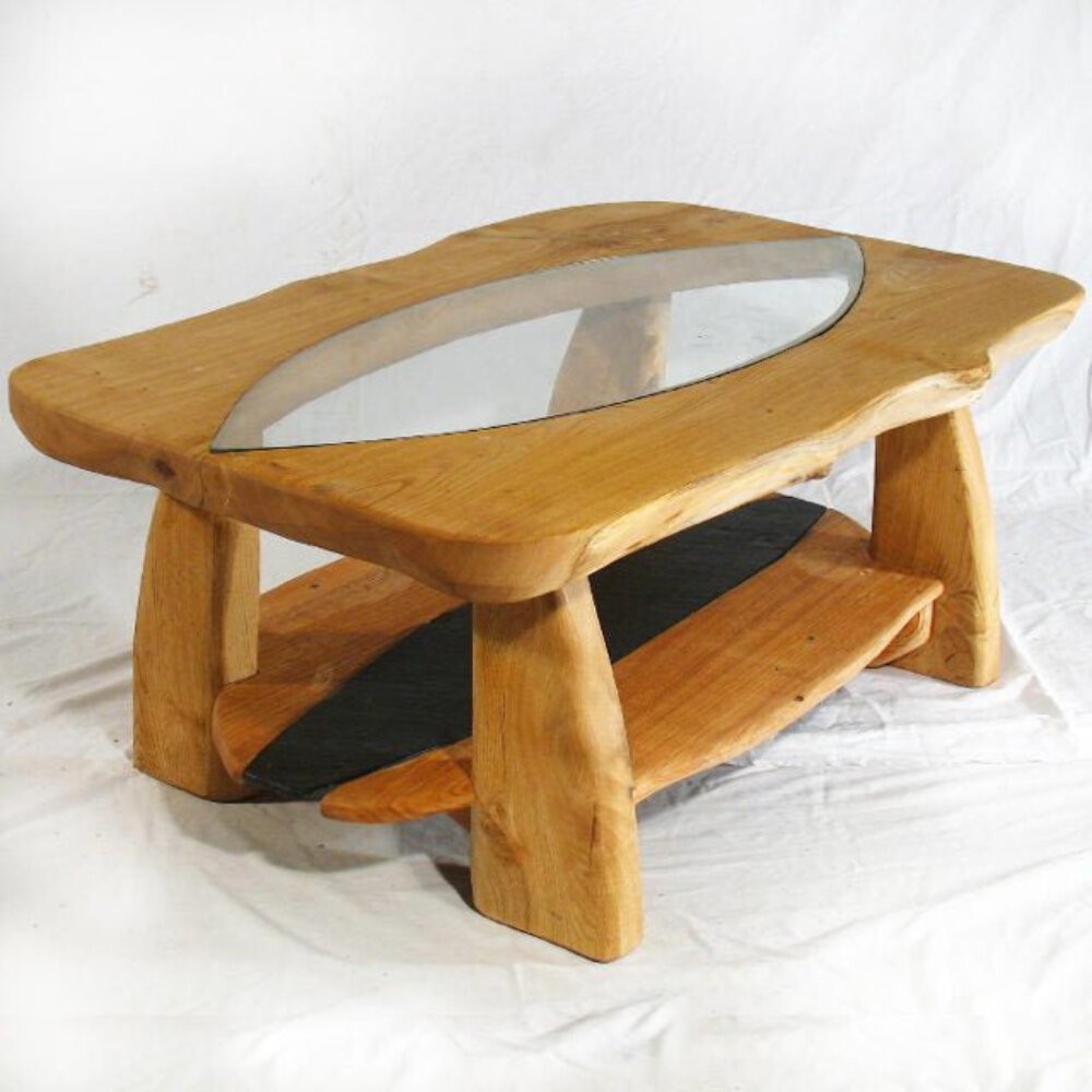Rustic Wooden Coffee Table with Glass Inlay and Natural Finish, Handmade Design