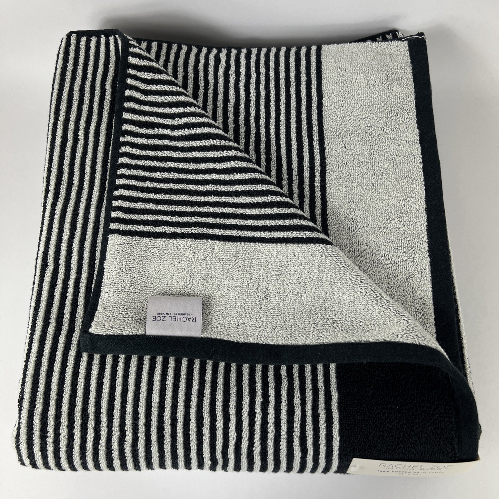 Rachel Zoe Bath Towels Black Cream Striped Plush Luxury 100% Cotton Set of 2 NEW