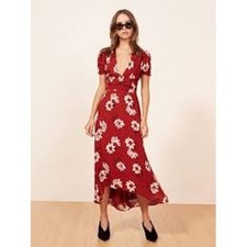 Reformation Dress Womens Red Floral Addy V-Neck Smocked High-Low Midi Daisy