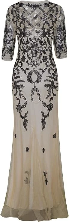 Vestido de formatura VIJIV vintage década de 1920 manga 2/3 lantejoulas longo casamento, bege preto, P - Imagem 3 de 4