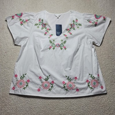Crown & Ivy Womens 2X White Floral Embroidered V-Neck Flutter Sleeve Cotton Top