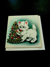 1 VTG Unused Norcross Xmas Greeting Card Darling Cat Kitten Playing W/ Tree 🌲