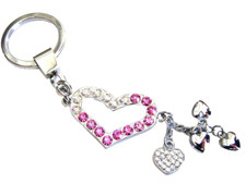 Heart Key Chain Pink Crystals Silver Plated Dangle Charm Valentines Day Gift