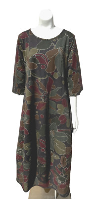 Amici Italy Long Dress Boho Floral Olive Green Gold Glitter 3/4 Sleeve Size L