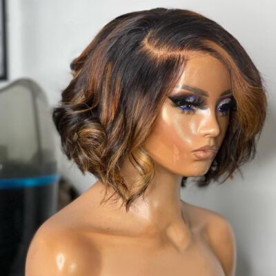 Thick Pixie Cut Curly Human Hair Highlight Wigs Pre Plucked 13X4 Lace Front Wig