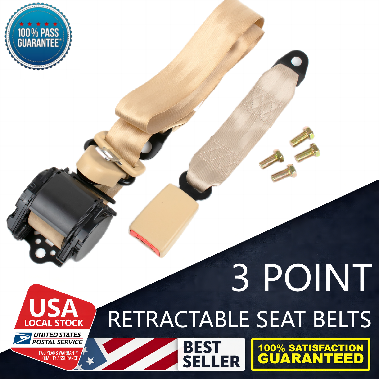 1x Retractable 3 Point Safety Seat Belt Strap Car Vehicle Adjustable Belt Beige