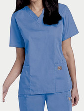 WOMENS LARGE LANDAU SCRUBZONE V-NECK SHORT SLEEVE SCRUB TOP w/ POCKETS, SKY BLUE