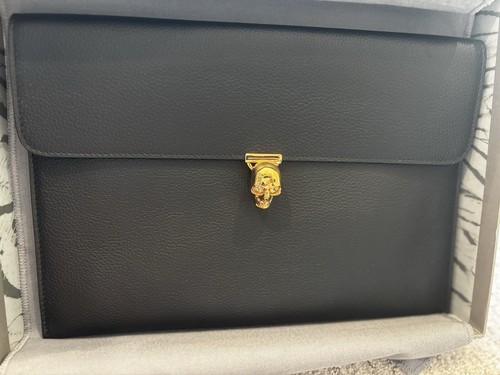 Alexander McQueen Envelope Skull Clutch Black Pebbled Leather 8x11