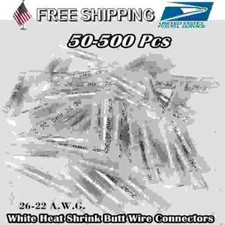 50-500 White Heat Shrink Butt Wire Connectors Waterproof Terminals AWG 26-24