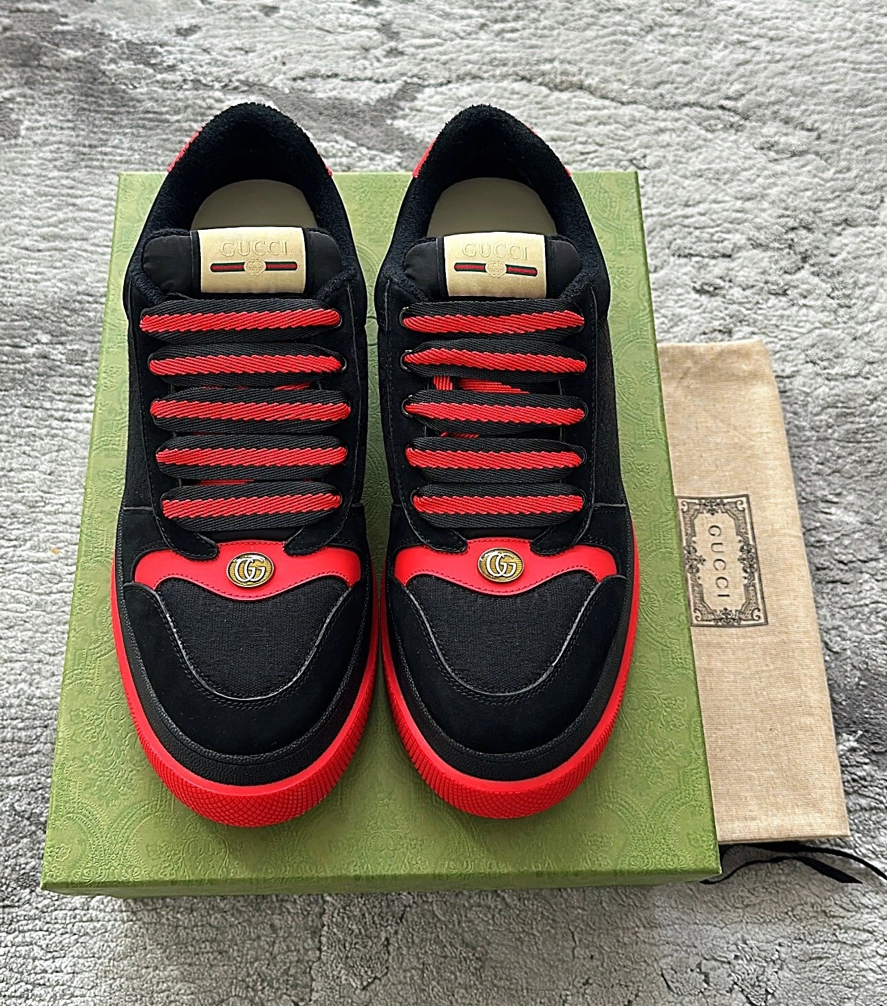 Authentique baskets Gucci double écran toile noir/rouge homme US10,5 EU44 UK10
