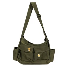 Vintage Canvas Crossbody Messenger Bag with Multiple Pockets and Hook-and-loo...