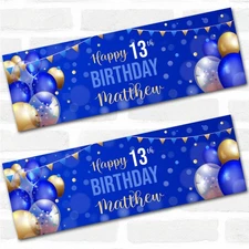 Personalised Party Banner For 13th Birthday Male Blue Gold Balloons