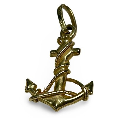 14K Gold Anchor Pendant Italy Nautical Rope Design 3D Charm
