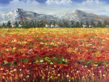 *Poppy Field with mountains* original hand painted on Canvas 