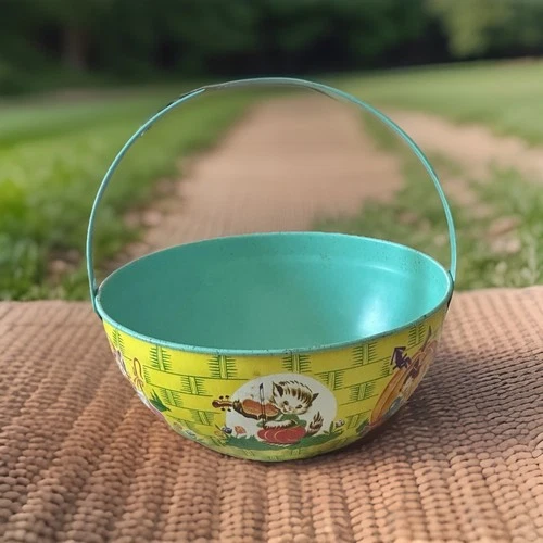 VTG 1940s J. Chein & Co. Tin Litho Easter Basket Nursery Rhyme Theme Teal