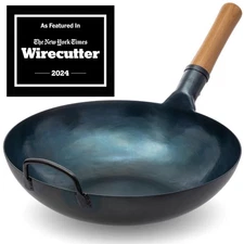 YOSUKATA Flat Bottom Wok Pan - 13.5 Blue Carbon Steel Wok - Preseasoned Carbon