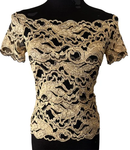Cache Top Off The Shoulder Vintage Lace Overlay Black/ Gold Stretch L