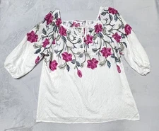 Anthropologie Kindred 1X White Peasant Blouse Boho Top Embroidered Floral NWOT