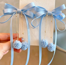 Graceful Satin Bow  Dangle Pom-Pom Hair Clip Pairs - Elegant Long Ribbon Hairpi