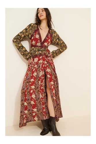 Free People Tilda Wrap Dress Dark Floral Deep V Neck Boho Womens Size Large NWT