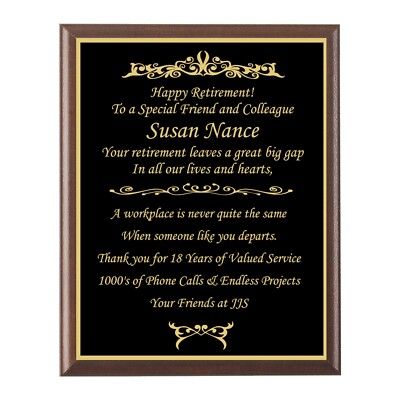 Retirement, Achievement, Sports, Recognition Award, Engraved Wooden/Metal Plaque
